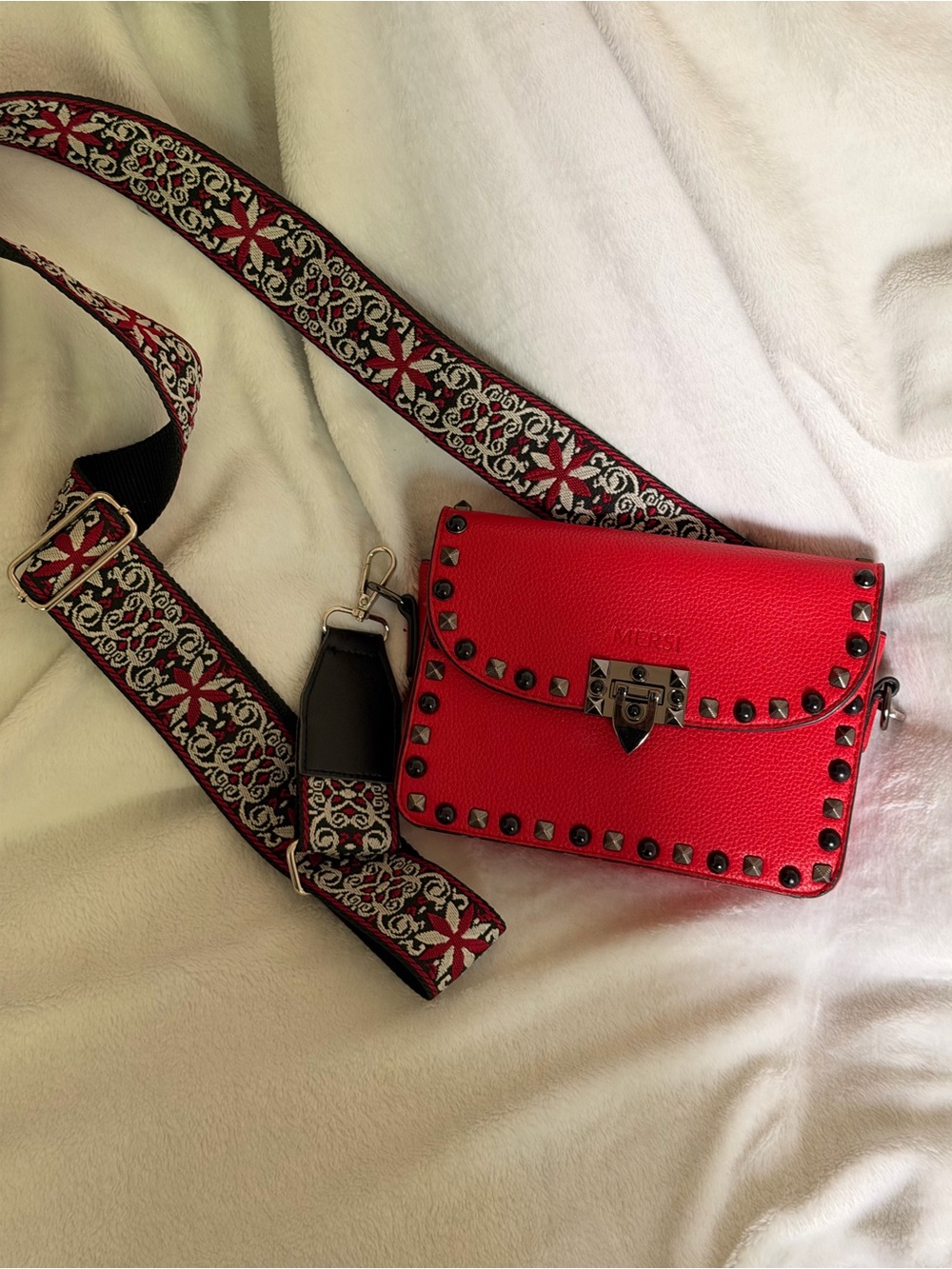 MERSI Red Studded Leather Crossbody Bag with Decorative Strap - Picture 6 of 8